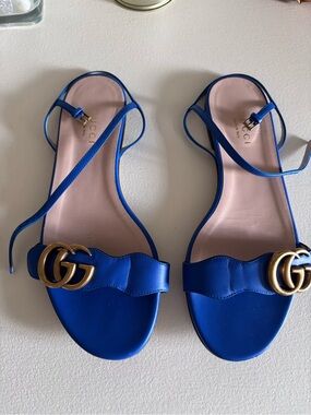 Gucci Blue GG logo Marmont Leather Flat Sandals 36